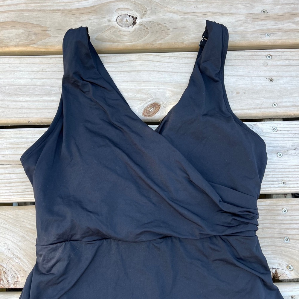 Lands' End Swimsuit One Piece Swim Dress Surplice V-Neck Modest Black Size 16DD - Picture 3 of 5